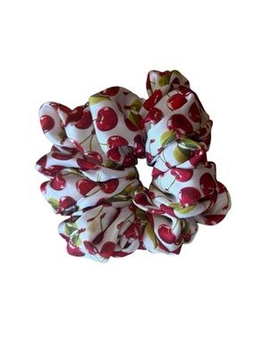 Cherry Print Scrunchie Hair Tie - White & Red